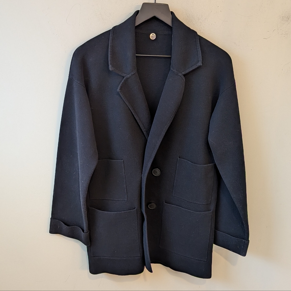 Margaret O'Leary Black Cotton Double Breasted Knit Sweater Blazer Medium